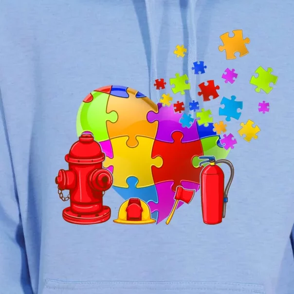 Men Cute Firefighter Heart Puzzle Autism Awareness Day Gift Unisex Surf Hoodie