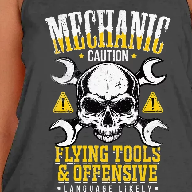 Mechanic Caution Flying Tools Car Mechanics Women's Knotted Racerback Tank