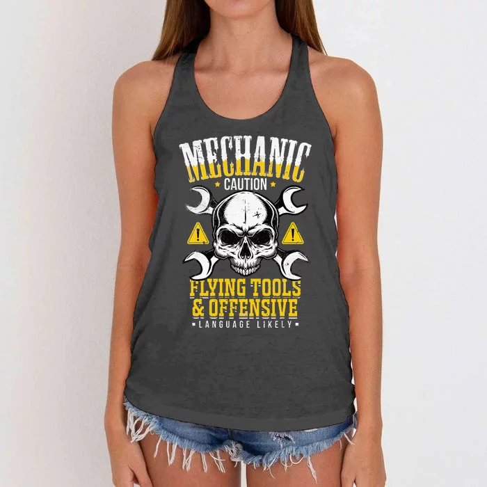 Mechanic Caution Flying Tools Car Mechanics Women's Knotted Racerback Tank