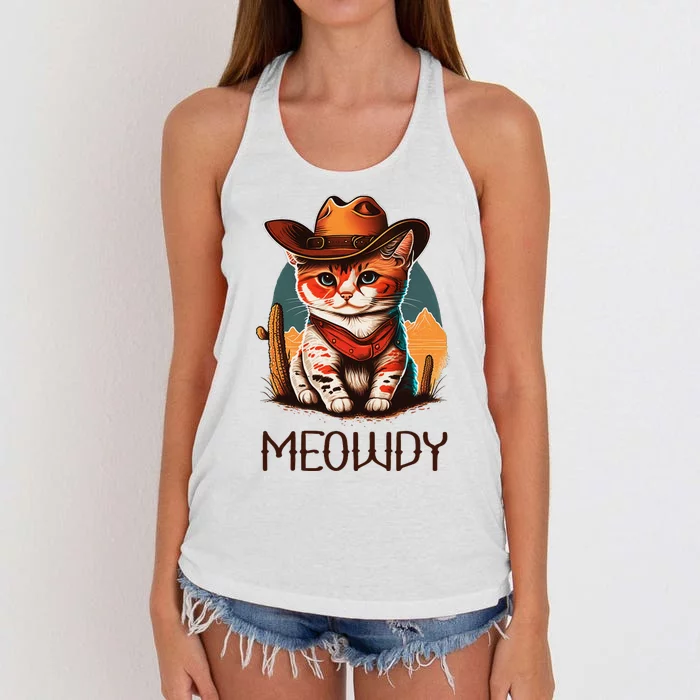 Meowdy Cat Funny Howdy Meme Western Cowboy Kitten Women's Knotted Racerback Tank