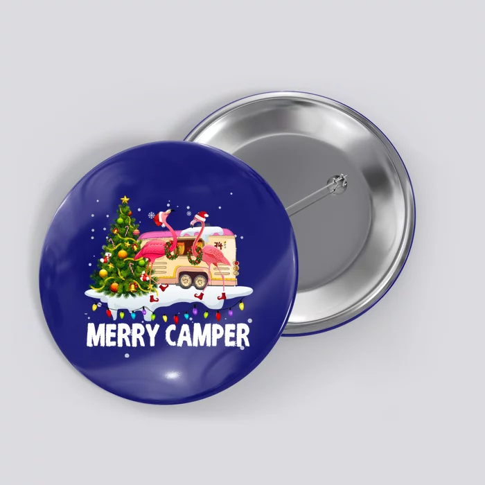 Merry Camper Funny Camping Flamingo Christmas Tree Pajamas Gift Button