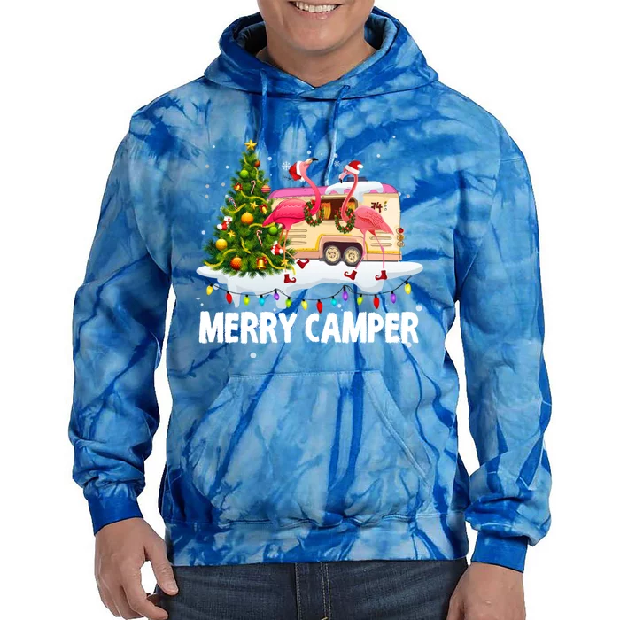 Merry Camper Funny Camping Flamingo Christmas Tree Pajamas Gift Tie Dye Hoodie