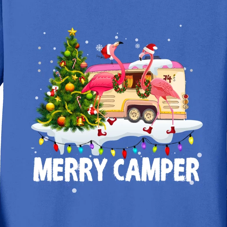 Merry Camper Funny Camping Flamingo Christmas Tree Pajamas Gift Kids Long Sleeve Shirt