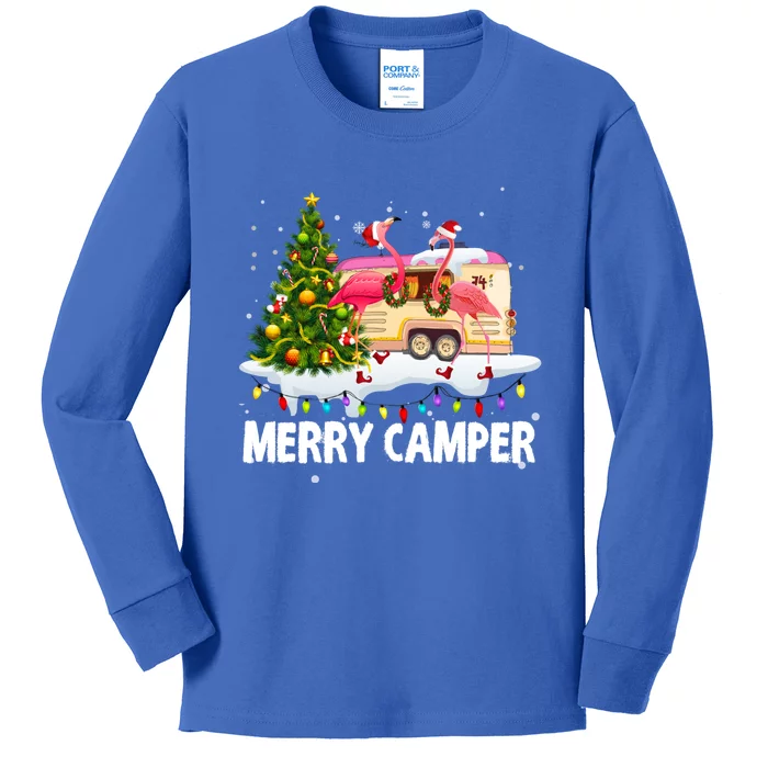 Merry Camper Funny Camping Flamingo Christmas Tree Pajamas Gift Kids Long Sleeve Shirt