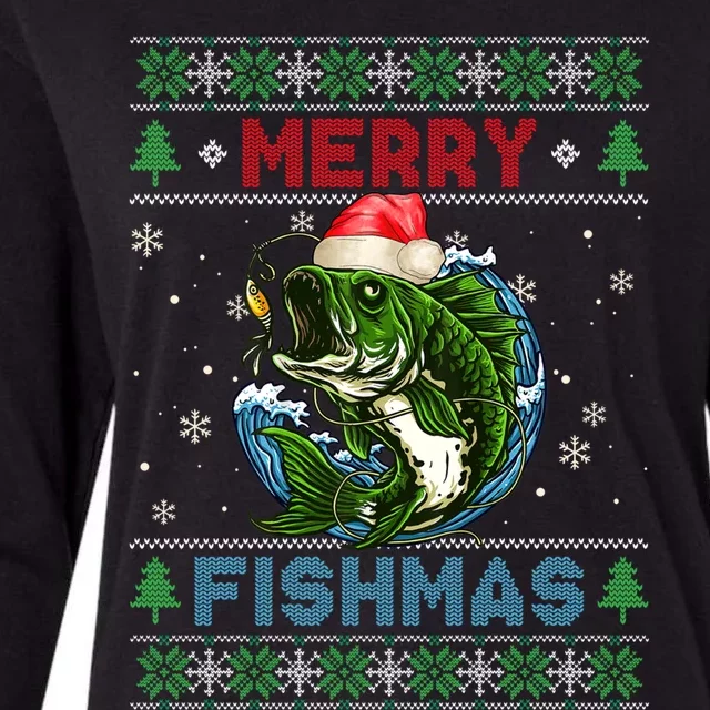 Merry Christmas Fishmas Ugly Xmas Sweater Santa Bass Fishing Gift Womens Cotton Relaxed Long Sleeve T-Shirt