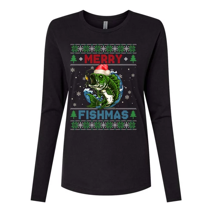 Merry Christmas Fishmas Ugly Xmas Sweater Santa Bass Fishing Gift Womens Cotton Relaxed Long Sleeve T-Shirt