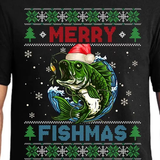 Merry Christmas Fishmas Ugly Xmas Sweater Santa Bass Fishing Gift Pajama Set