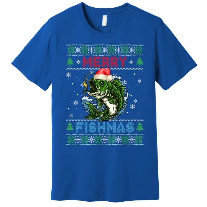 Merry Christmas Fishmas Ugly Xmas Sweater Santa Bass Fishing Gift Premium T-Shirt