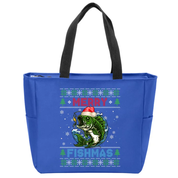 Merry Christmas Fishmas Ugly Xmas Sweater Santa Bass Fishing Gift Zip Tote Bag