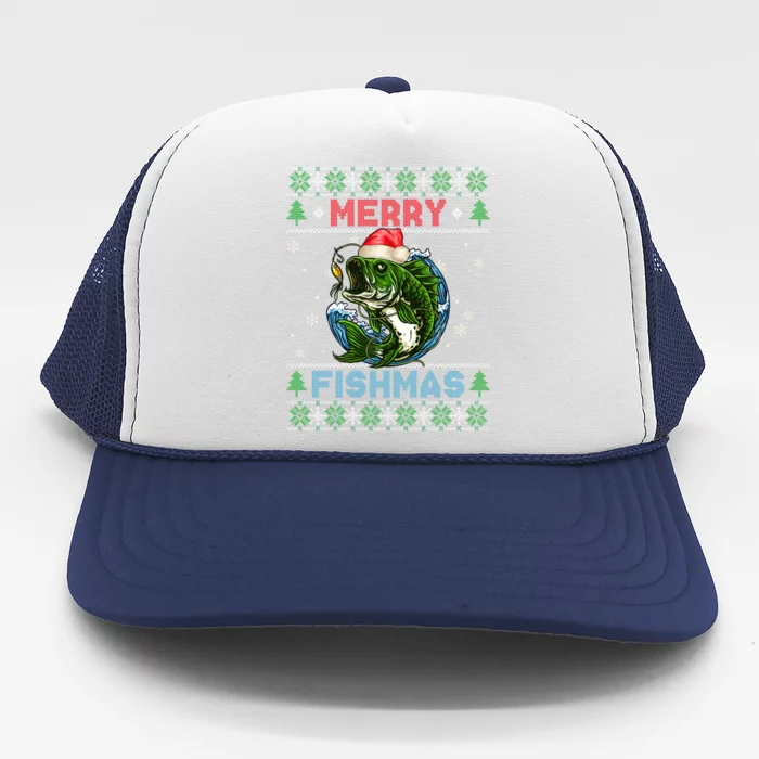 Merry Christmas Fishmas Ugly Xmas Sweater Santa Bass Fishing Gift Trucker Hat