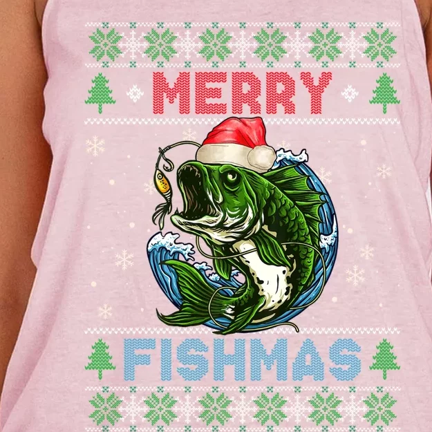 Merry Christmas Fishmas Ugly Xmas Sweater Santa Bass Fishing Gift Women's Knotted Racerback Tank