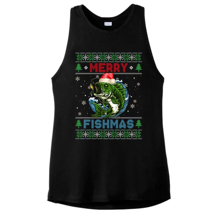 Merry Christmas Fishmas Ugly Xmas Sweater Santa Bass Fishing Gift Ladies Tri-Blend Wicking Tank