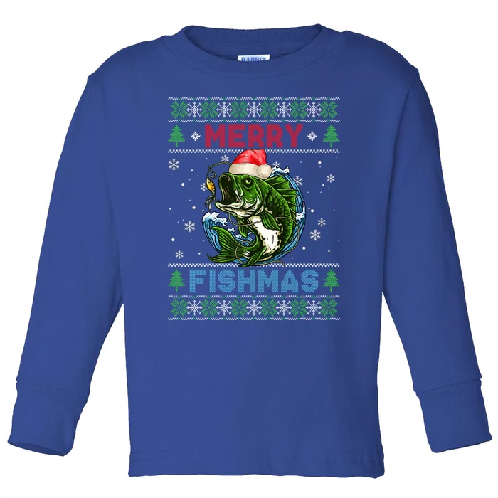 Merry Christmas Fishmas Ugly Xmas Sweater Santa Bass Fishing Gift Toddler Long Sleeve Shirt