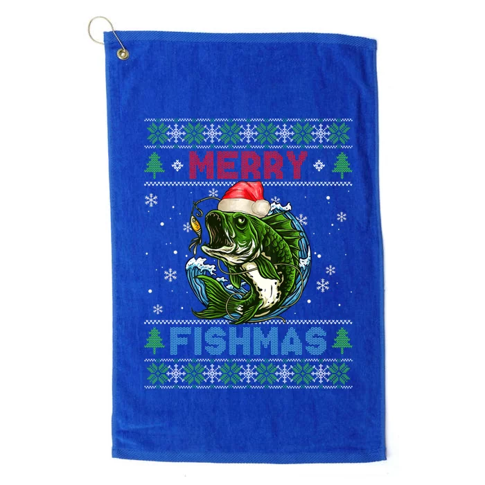 Merry Christmas Fishmas Ugly Xmas Sweater Santa Bass Fishing Gift Platinum Collection Golf Towel