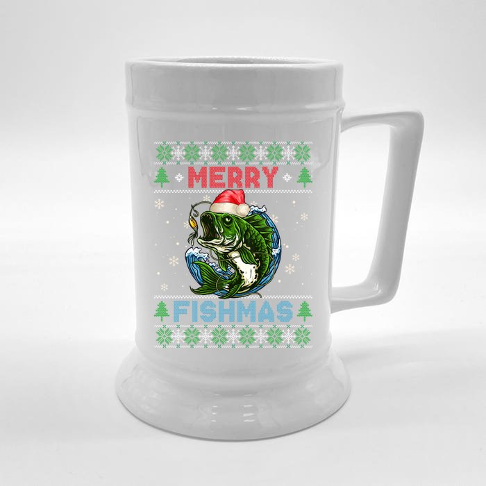 Merry Christmas Fishmas Ugly Xmas Sweater Santa Bass Fishing Gift Front & Back Beer Stein