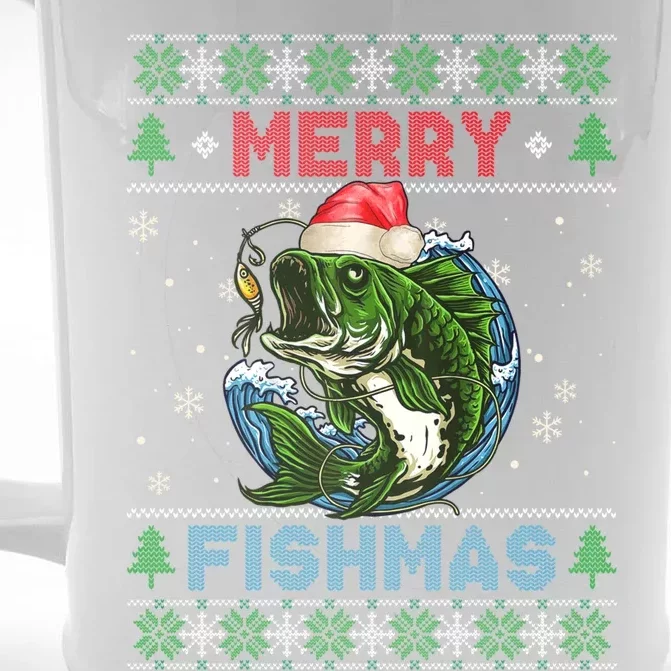 Merry Christmas Fishmas Ugly Xmas Sweater Santa Bass Fishing Gift Front & Back Beer Stein