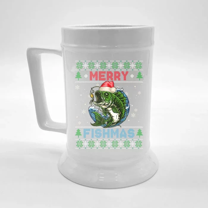 Merry Christmas Fishmas Ugly Xmas Sweater Santa Bass Fishing Gift Front & Back Beer Stein