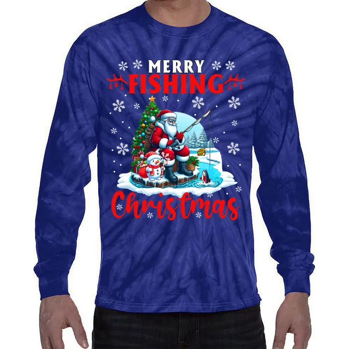 Merry Christmas Fishing Santa Sunglasses Snowman Colorful Tie-Dye Long Sleeve Shirt