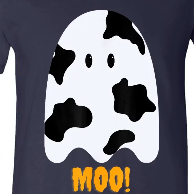 Moo! Cute Funny Cow Print Ghost Halloween V-Neck T-Shirt