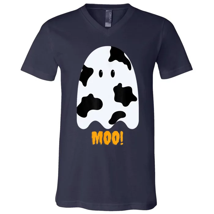 Moo! Cute Funny Cow Print Ghost Halloween V-Neck T-Shirt