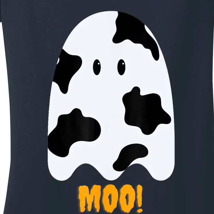 Moo! Cute Funny Cow Print Ghost Halloween Women's V-Neck T-Shirt