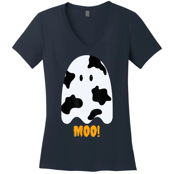 Moo! Cute Funny Cow Print Ghost Halloween Women's V-Neck T-Shirt