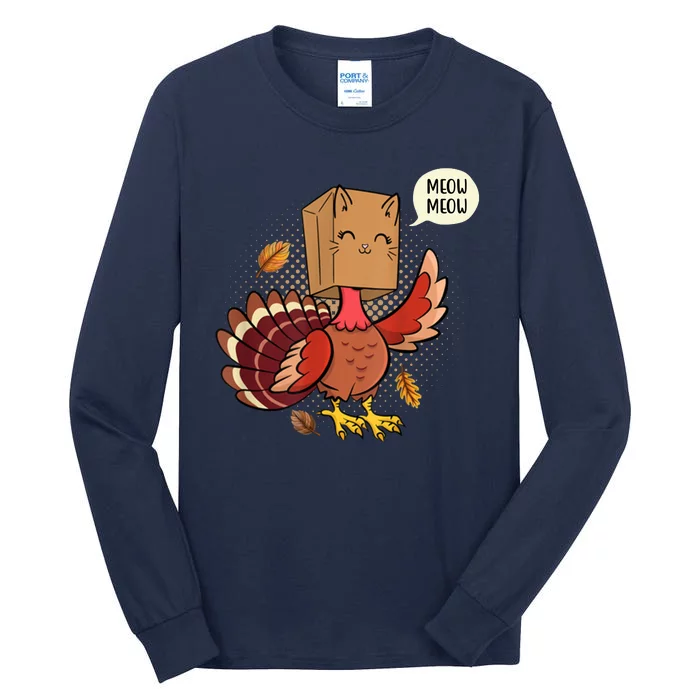 Meow Cat Funny Turkey Thanksgiving Holiday Tall Long Sleeve T-Shirt