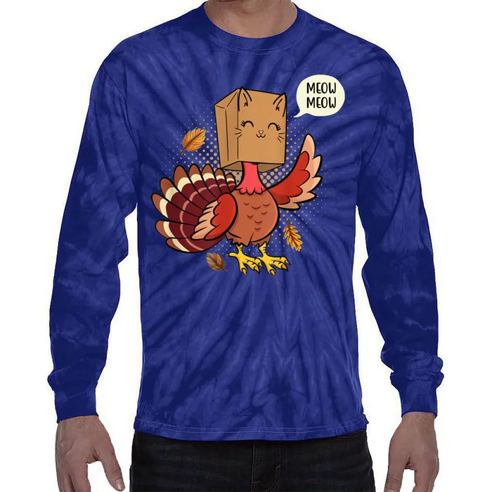 Meow Cat Funny Turkey Thanksgiving Holiday Tie-Dye Long Sleeve Shirt