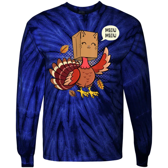 Meow Cat Funny Turkey Thanksgiving Holiday Tie-Dye Long Sleeve Shirt