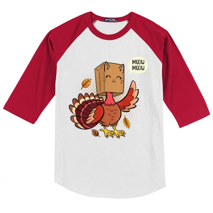 Meow Cat Funny Turkey Thanksgiving Holiday Kids Colorblock Raglan Jersey