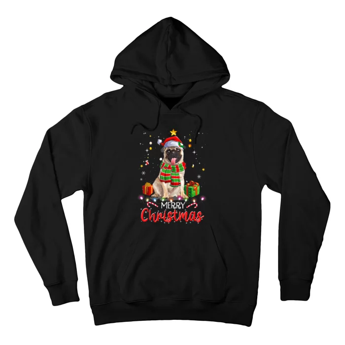 Merry Christmas Funny Pug Dog Santa Hat Xmas Tree Lights Hoodie