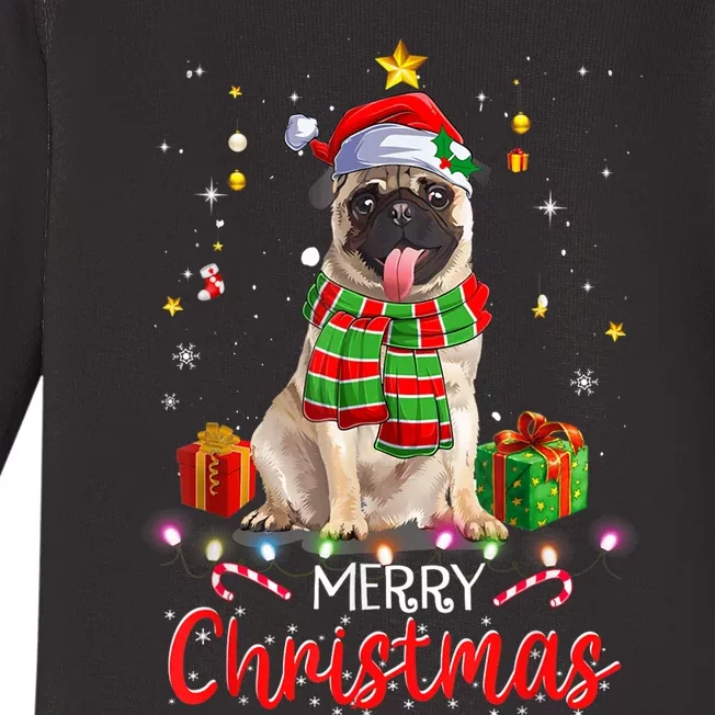 Merry Christmas Funny Pug Dog Santa Hat Xmas Tree Lights Baby Long Sleeve Bodysuit