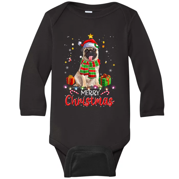 Merry Christmas Funny Pug Dog Santa Hat Xmas Tree Lights Baby Long Sleeve Bodysuit