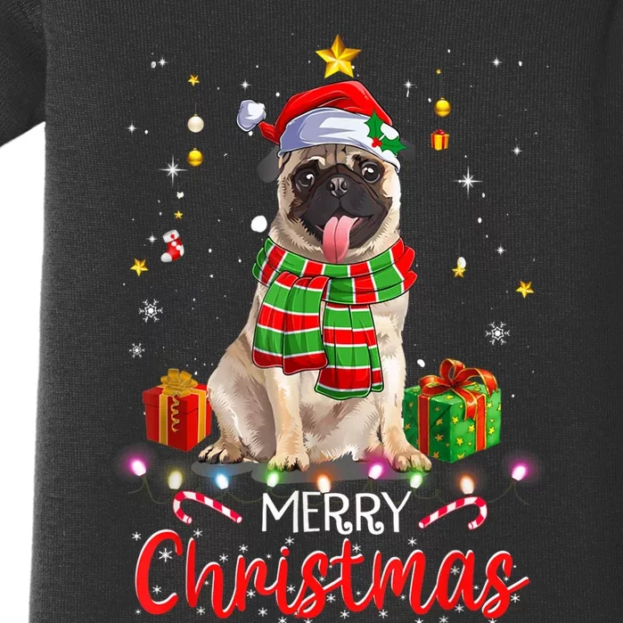 Merry Christmas Funny Pug Dog Santa Hat Xmas Tree Lights Baby Bodysuit