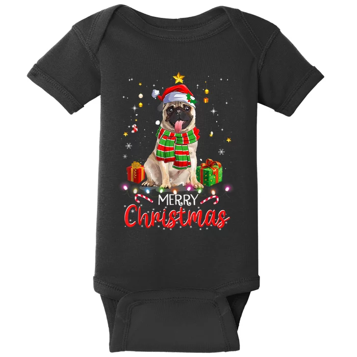 Merry Christmas Funny Pug Dog Santa Hat Xmas Tree Lights Baby Bodysuit