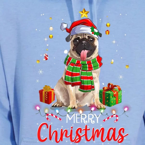 Merry Christmas Funny Pug Dog Santa Hat Xmas Tree Lights Unisex Surf Hoodie