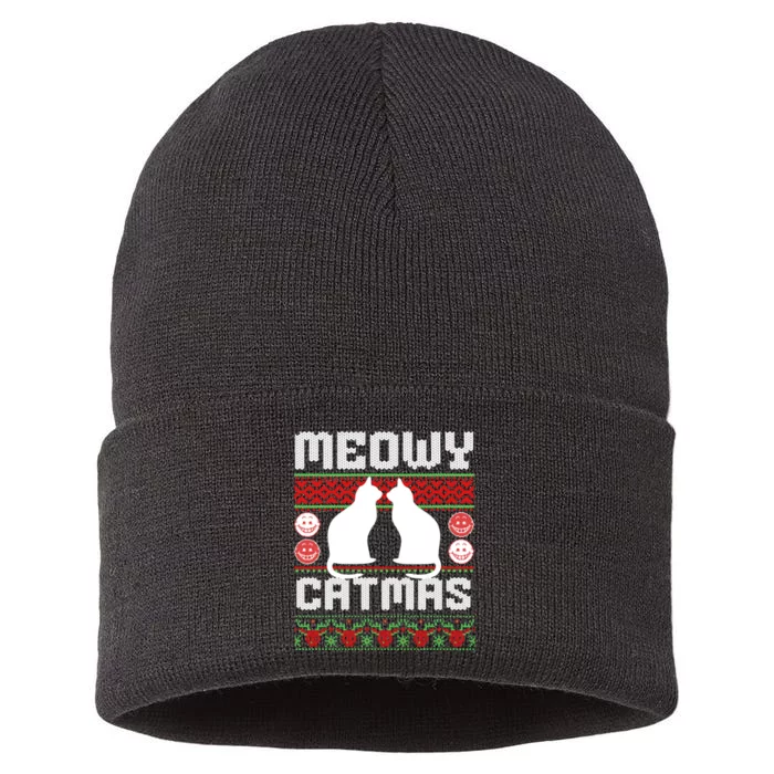 Meowy Catmas Funny Cat Christmas Ugly Sustainable Knit Beanie