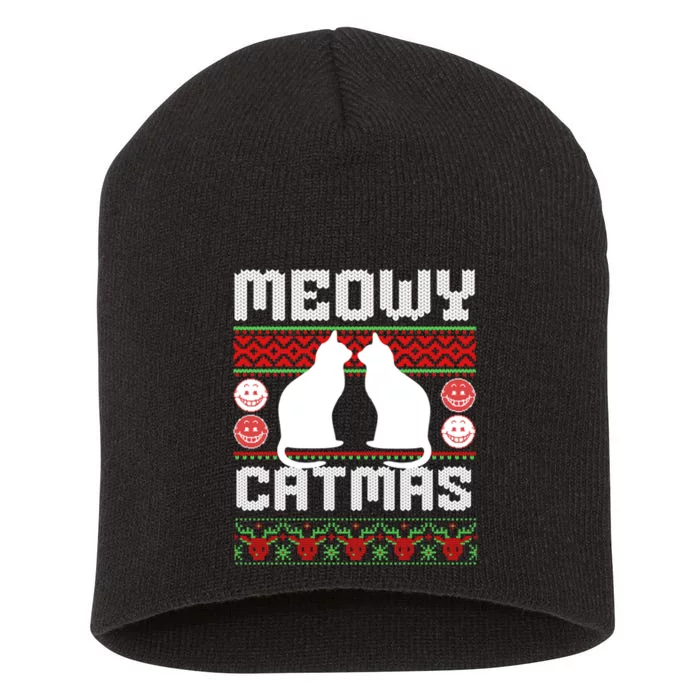 Meowy Catmas Funny Cat Christmas Ugly Short Acrylic Beanie