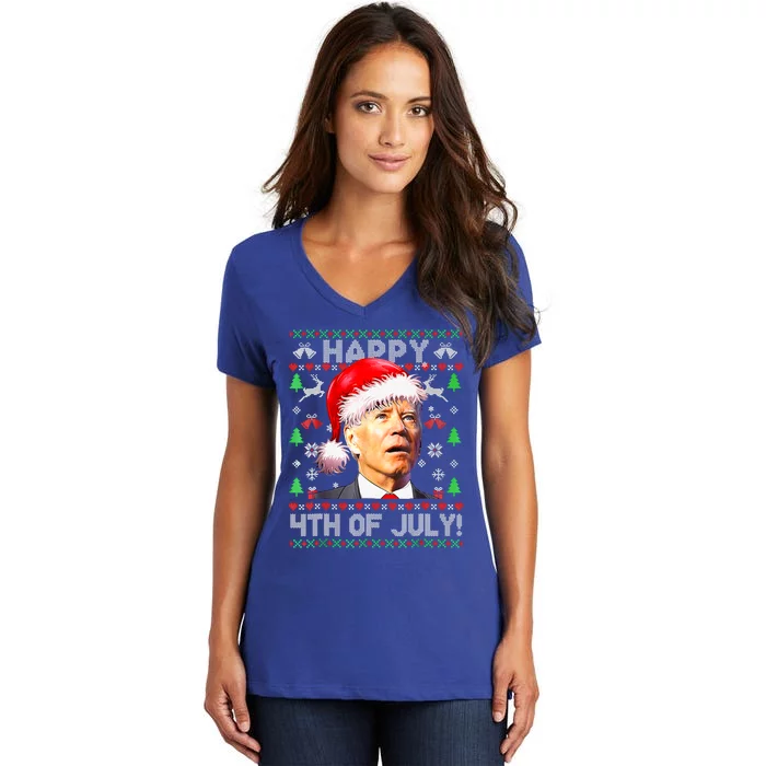 Merry Christmas Funny Joe Biden Happy 4th of July Ugly Xmas Women's V-Neck T-Shirt