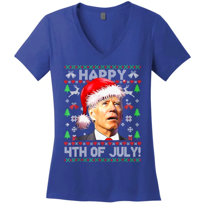 Merry Christmas Funny Joe Biden Happy 4th of July Ugly Xmas Women's V-Neck T-Shirt