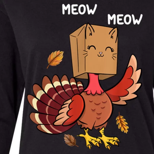 Meow Cat Funny Thanksgiving Turkey Womens Cotton Relaxed Long Sleeve T-Shirt