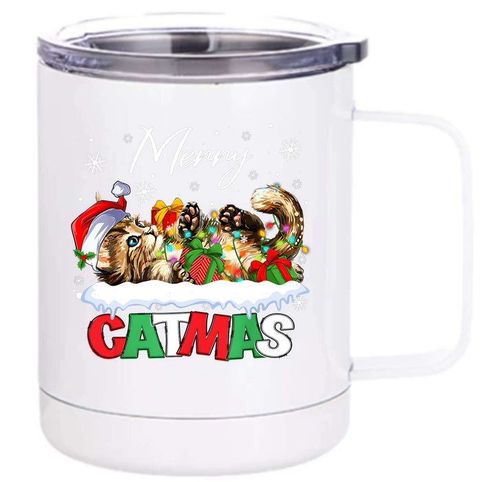 Merry Catmas Funny Cat Dad Cat Mom Christmas Cat Front & Back 12oz Stainless Steel Tumbler Cup