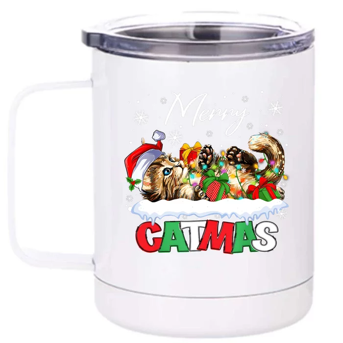 Merry Catmas Funny Cat Dad Cat Mom Christmas Cat Front & Back 12oz Stainless Steel Tumbler Cup