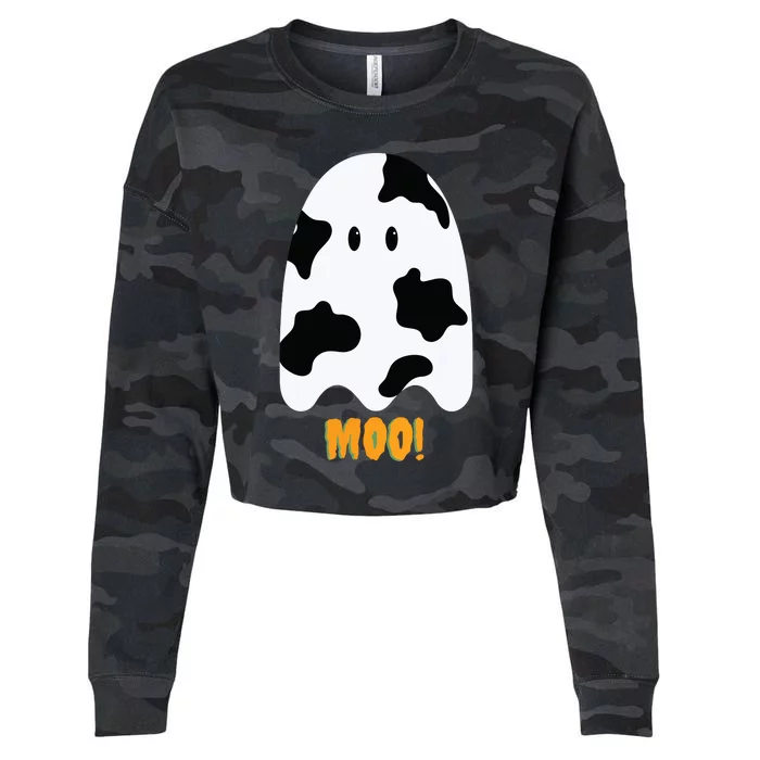 Moo! Cute Funny Cow Print Ghost Halloween Cropped Pullover Crew