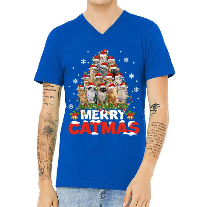 Meowy Catmas Funny Christmas Tree Lights Pajama Funny Gift V-Neck T-Shirt