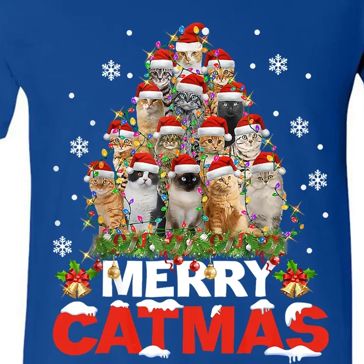 Meowy Catmas Funny Christmas Tree Lights Pajama Funny Gift V-Neck T-Shirt