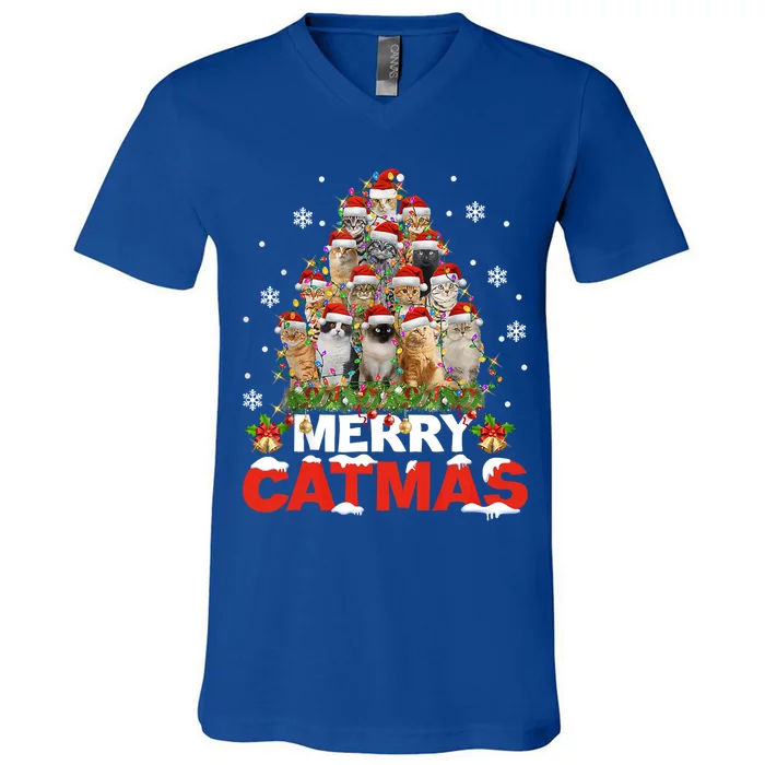 Meowy Catmas Funny Christmas Tree Lights Pajama Funny Gift V-Neck T-Shirt