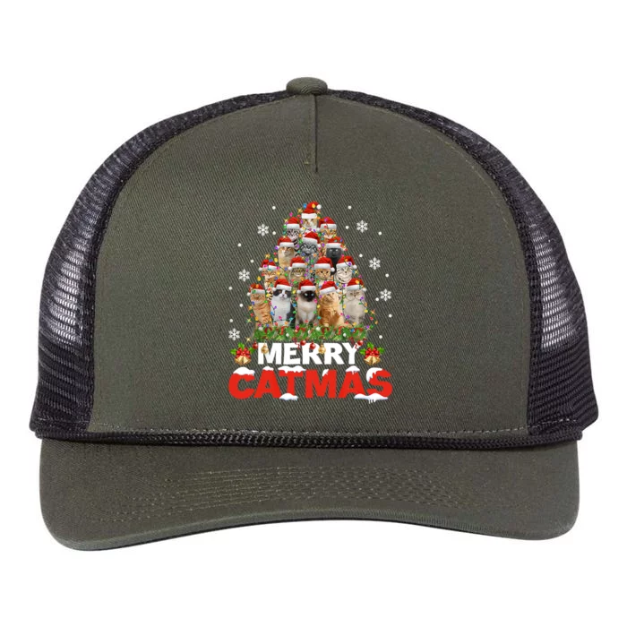 Meowy Catmas Funny Christmas Tree Lights Pajama Funny Gift Retro Rope Trucker Hat Cap