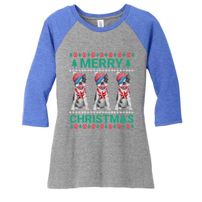 Merry Christmas French Bulldog Puppy Cute Xmas Bulldog Lover Gift Women's Tri-Blend 3/4-Sleeve Raglan Shirt