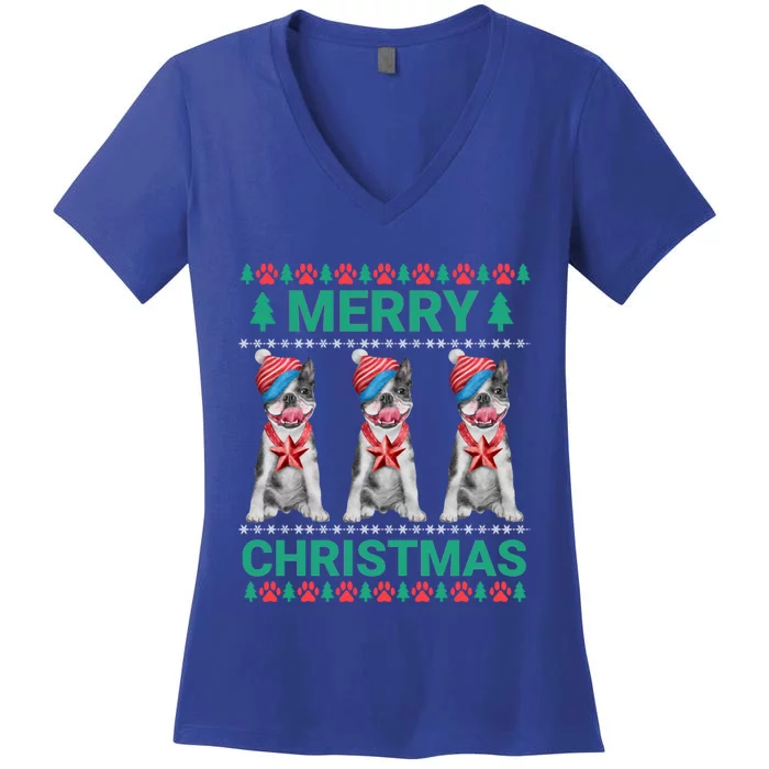 Merry Christmas French Bulldog Puppy Cute Xmas Bulldog Lover Gift Women's V-Neck T-Shirt